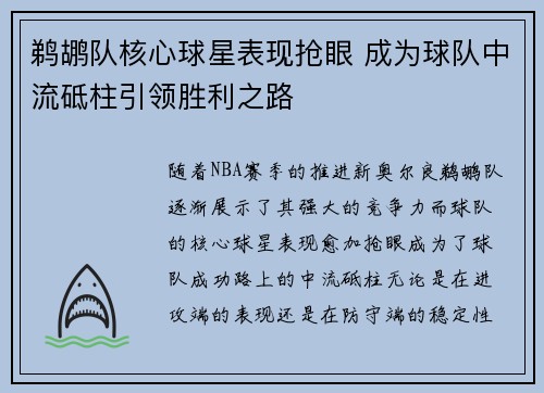 鹈鹕队核心球星表现抢眼 成为球队中流砥柱引领胜利之路