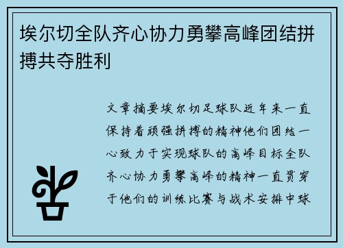 埃尔切全队齐心协力勇攀高峰团结拼搏共夺胜利