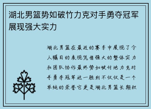 湖北男篮势如破竹力克对手勇夺冠军展现强大实力