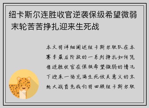 纽卡斯尔连胜收官逆袭保级希望微弱 末轮苦苦挣扎迎来生死战