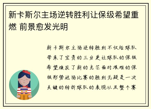新卡斯尔主场逆转胜利让保级希望重燃 前景愈发光明
