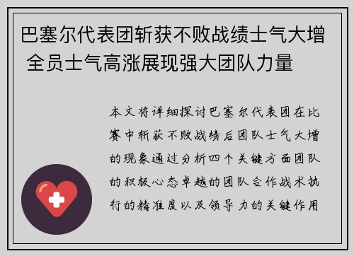 巴塞尔代表团斩获不败战绩士气大增 全员士气高涨展现强大团队力量