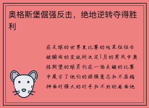 奥格斯堡倔强反击，绝地逆转夺得胜利
