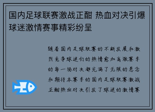 国内足球联赛激战正酣 热血对决引爆球迷激情赛事精彩纷呈