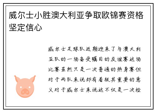 威尔士小胜澳大利亚争取欧锦赛资格坚定信心