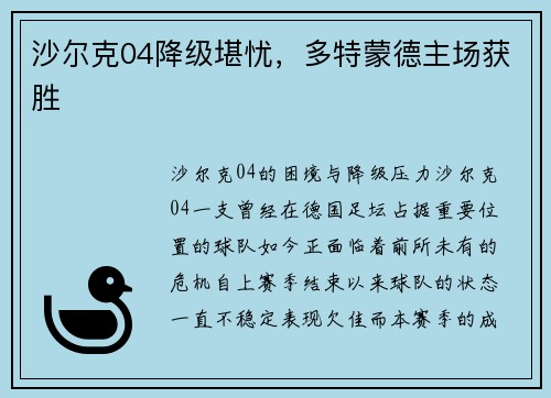 沙尔克04降级堪忧，多特蒙德主场获胜