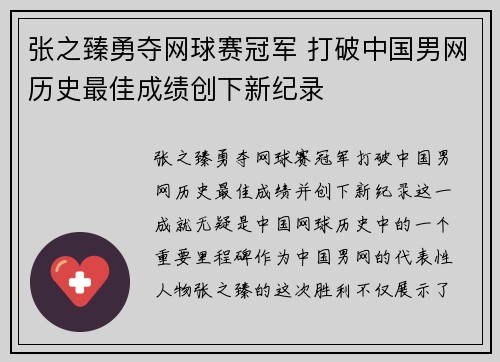 张之臻勇夺网球赛冠军 打破中国男网历史最佳成绩创下新纪录