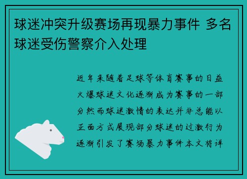 球迷冲突升级赛场再现暴力事件 多名球迷受伤警察介入处理