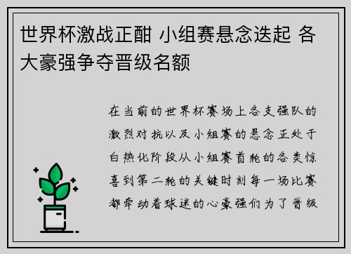 世界杯激战正酣 小组赛悬念迭起 各大豪强争夺晋级名额